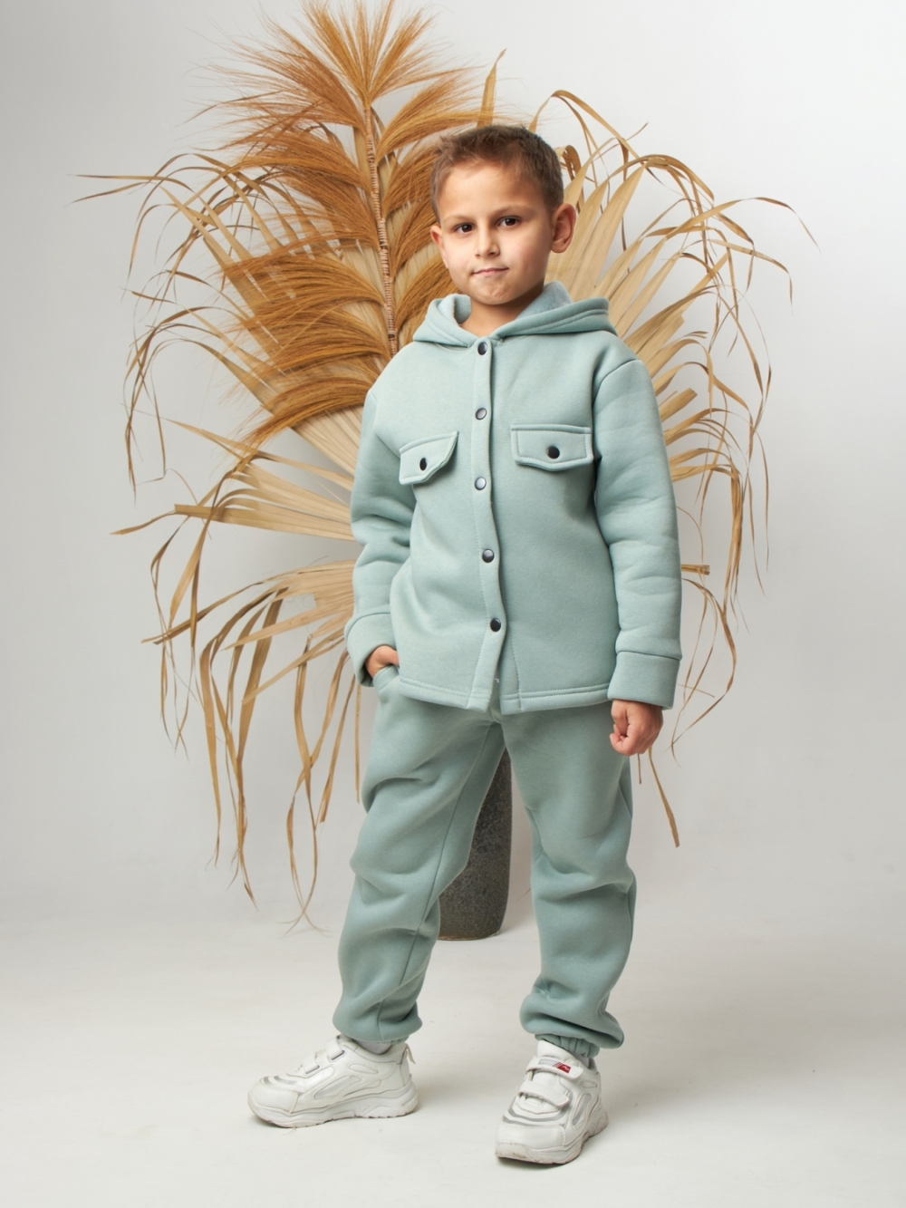 333. Костюм детский (Брюки+Толстовка) на кнопках, олива, хлопок 65%, 35% ПЭ, 3-х нитка с  начесом 98,104,110,116