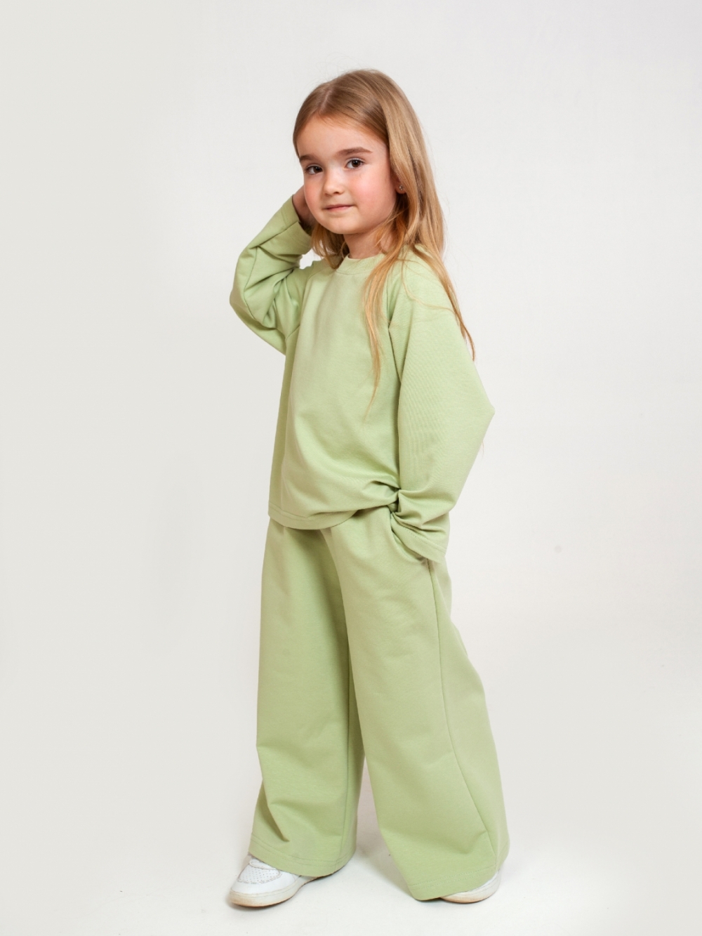 323-ФС. Костюм детский Палаццо, фисташка, 70% хлопок, 25% ПЭ, 5% лайкра, футер 2-х нитка без начеса, размеры 122,128,134,140